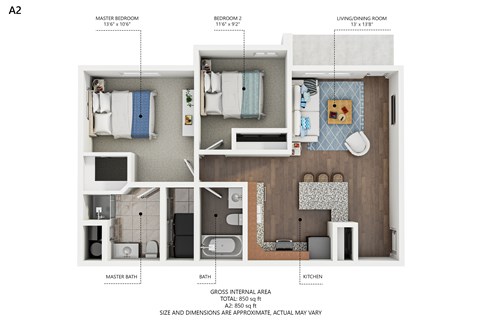 Floor plan for 2 beds, 2 baths, 850 sqft